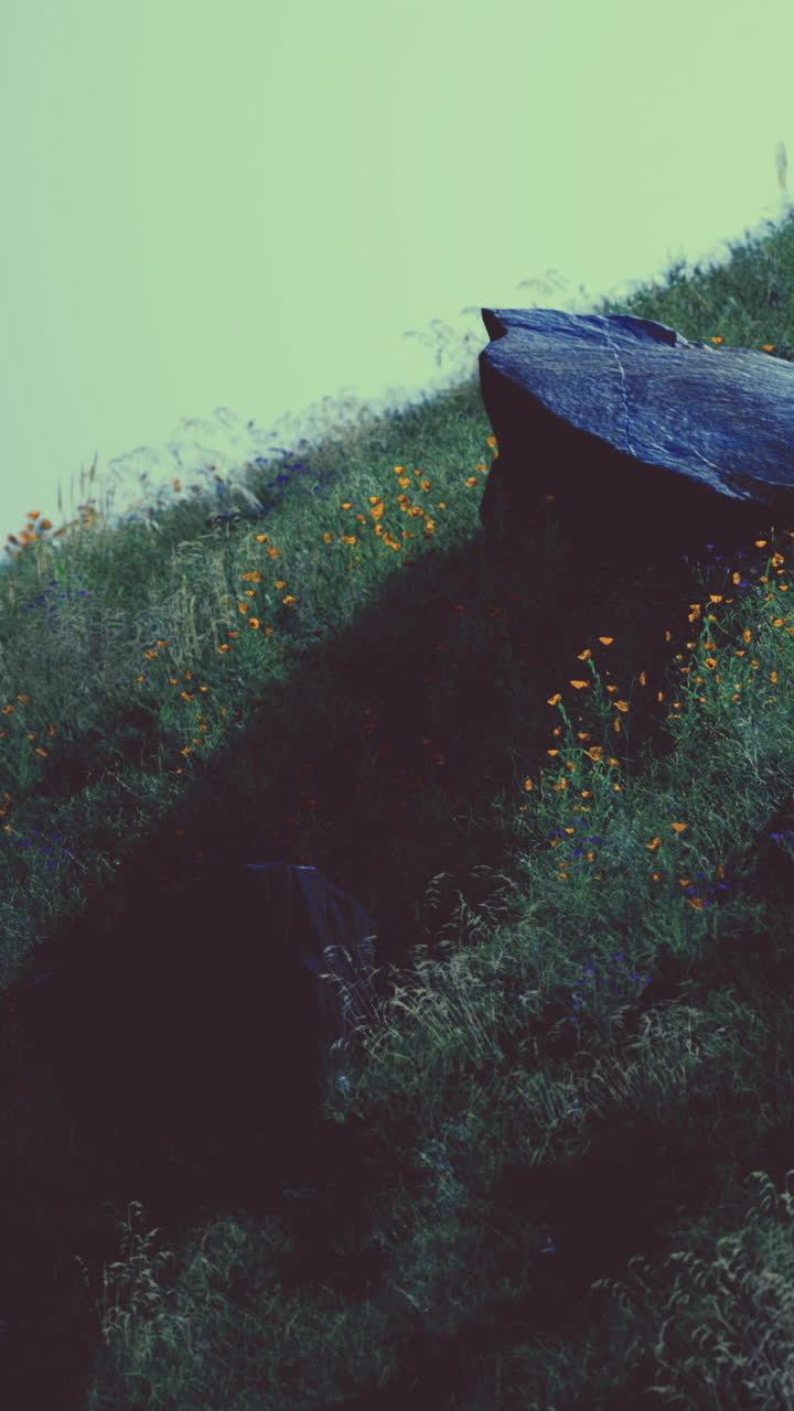 Colorful wildflowers blooming on a gentle hillside during dusk