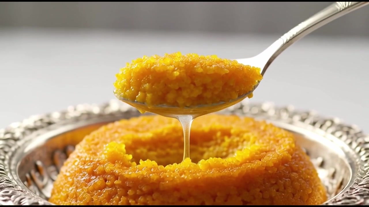 Cucchiaio che raccoglie l'halva tradizionale di semolino da una ciotola d'argento decorata