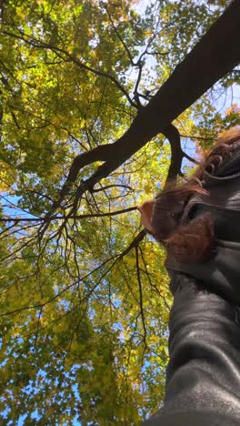 selfie de otoño debajo de un dosel de árboles