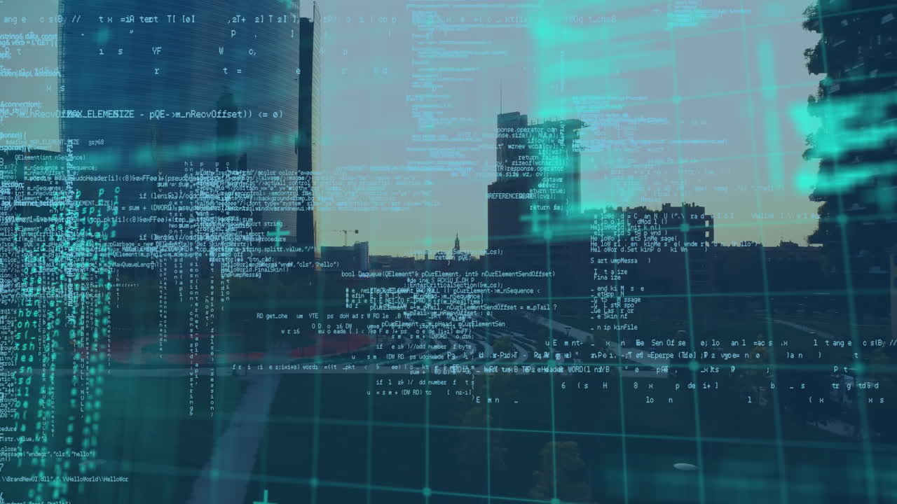 Animation of data processing over cityscape