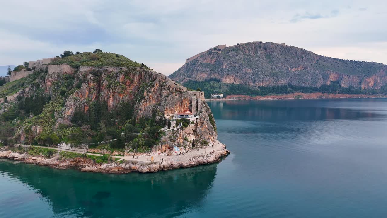 Aerial View Over Arvanitia Walking Area, With The Historic Fortress of Palamidi In The Background, Peloponnese Region, Greece