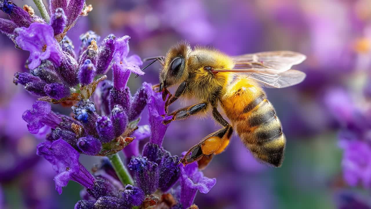 A Close Encounter with Nature: A Bee Pollinating Lavender Flowers in Vibrant Purple Surroundings Captured in Momentary Frames