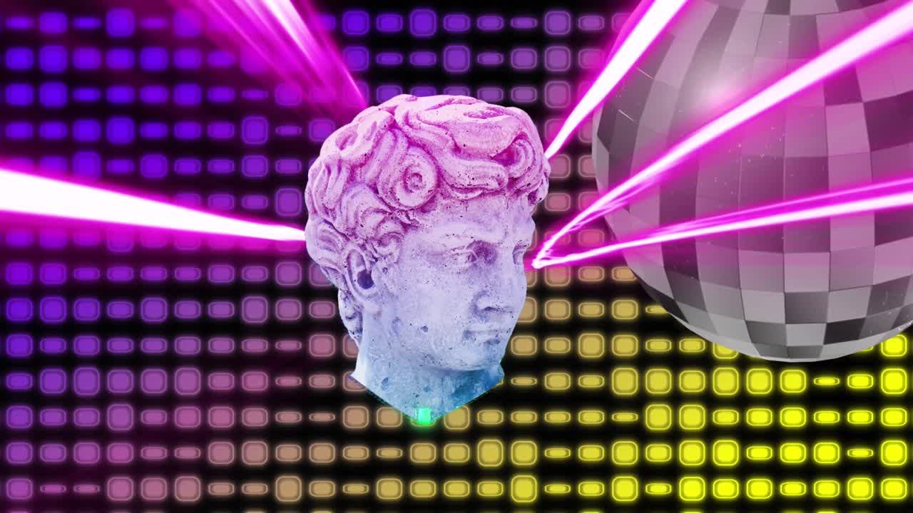 네온 배경에 레트로 거울 디스코 공 위에 고대 머리 조각의 애니메이션