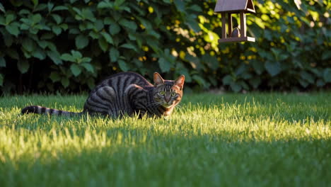 cat in a garden with bird feeder