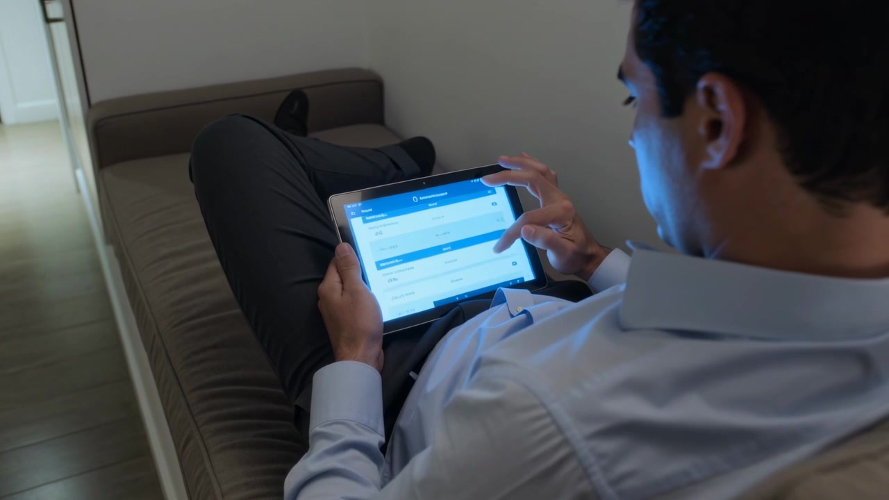 Tapping man in blue shirt, dark pants, shifting right hand, scrolling tablet on sofa, checking list