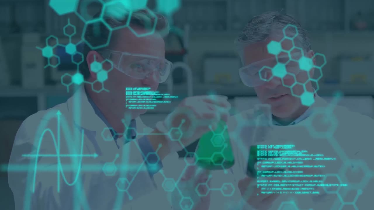 Animation of data processing and chemical formula over caucaisan male scientists in lab