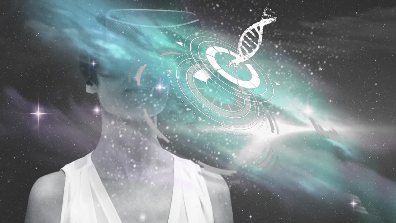 vr 헤드 ⁇ 을 사용하는 여성에 대한 우주와 별에 대한 의료 인터페이스