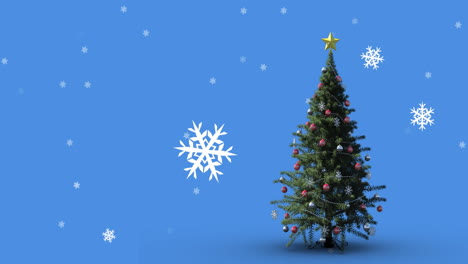 Animation-of-snow-falling-over-christmas-tree-on-blue-background