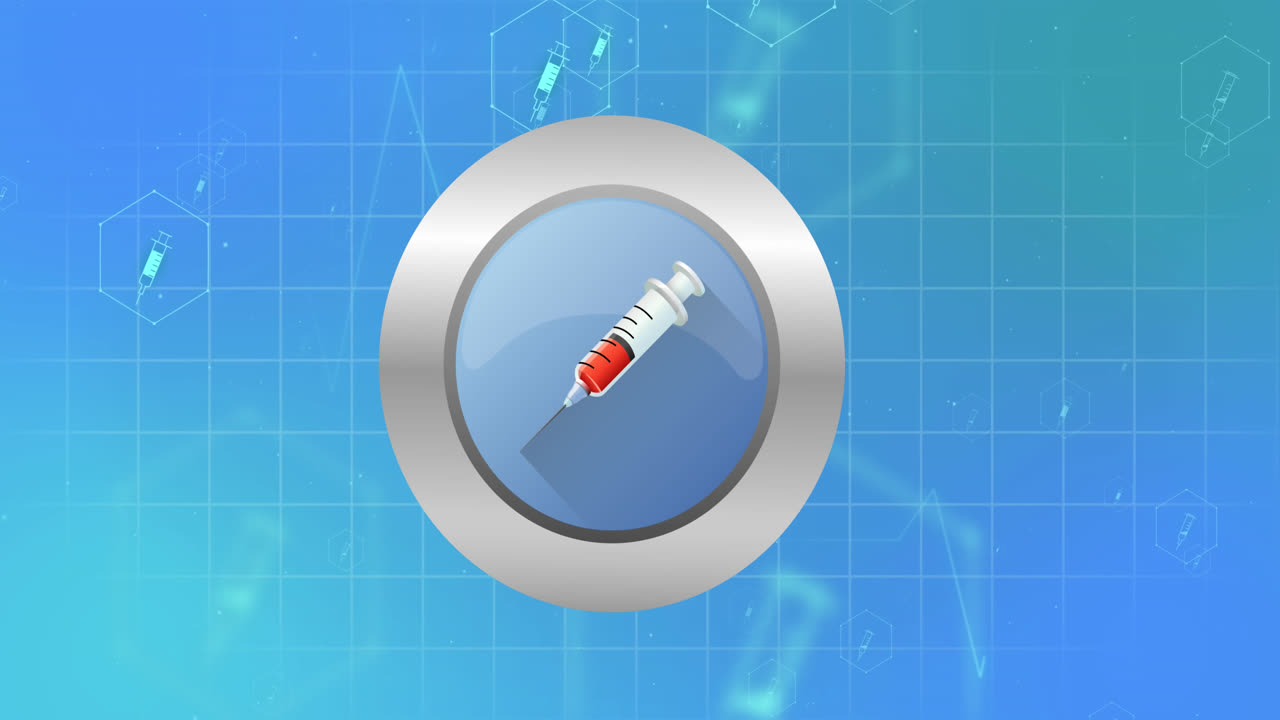 animación de iconos médicos con vacuna en fondo azul