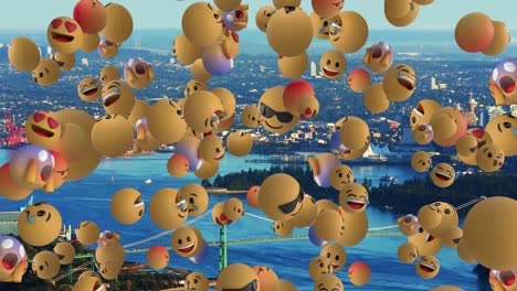 iconos emoji volando sobre el paisaje urbano 4k