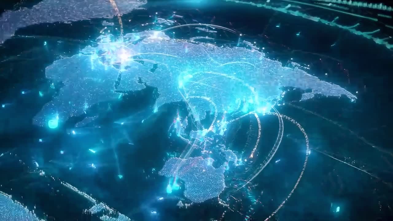 Aerial view of a digital world map with glowing data lines, resembling a futuristic video concept