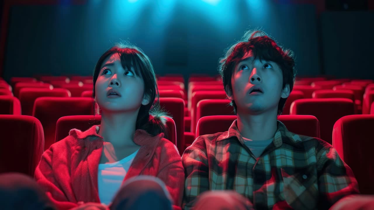 A couple watches a thrilling video in a dimly lit cinema