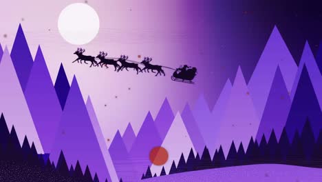 Animación-De-Santa-Claus-En-Trineo-Con-Renos-Sobre-Manchas-Rojas-Cayendo-Y-Luna-Sobre-Morado