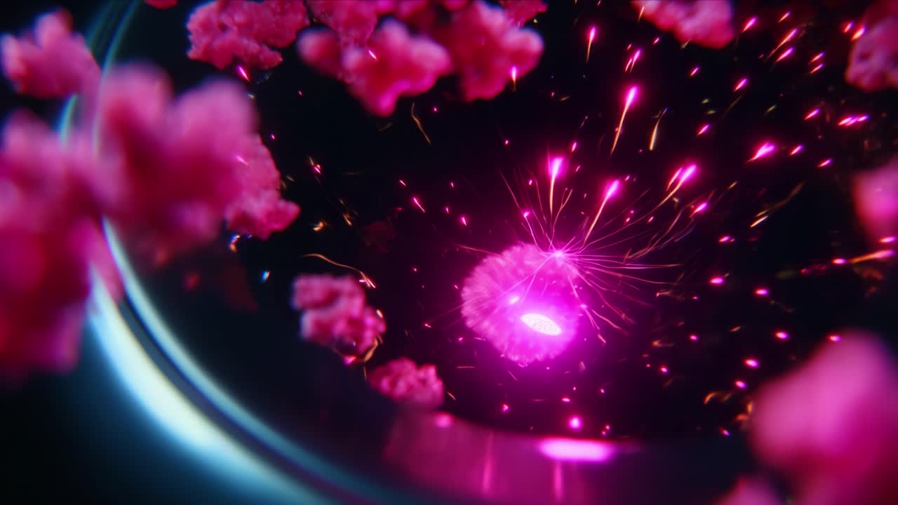 A mesmerizing visual sequence depicting vibrant pink particles and energetic sparks in a swirling motion, capturing a dynamic interplay of light and color, creating a captivating and ethereal atmosphere