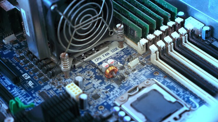 Bundkort i en arbejdsstationscomputer med processorer og hukommelse