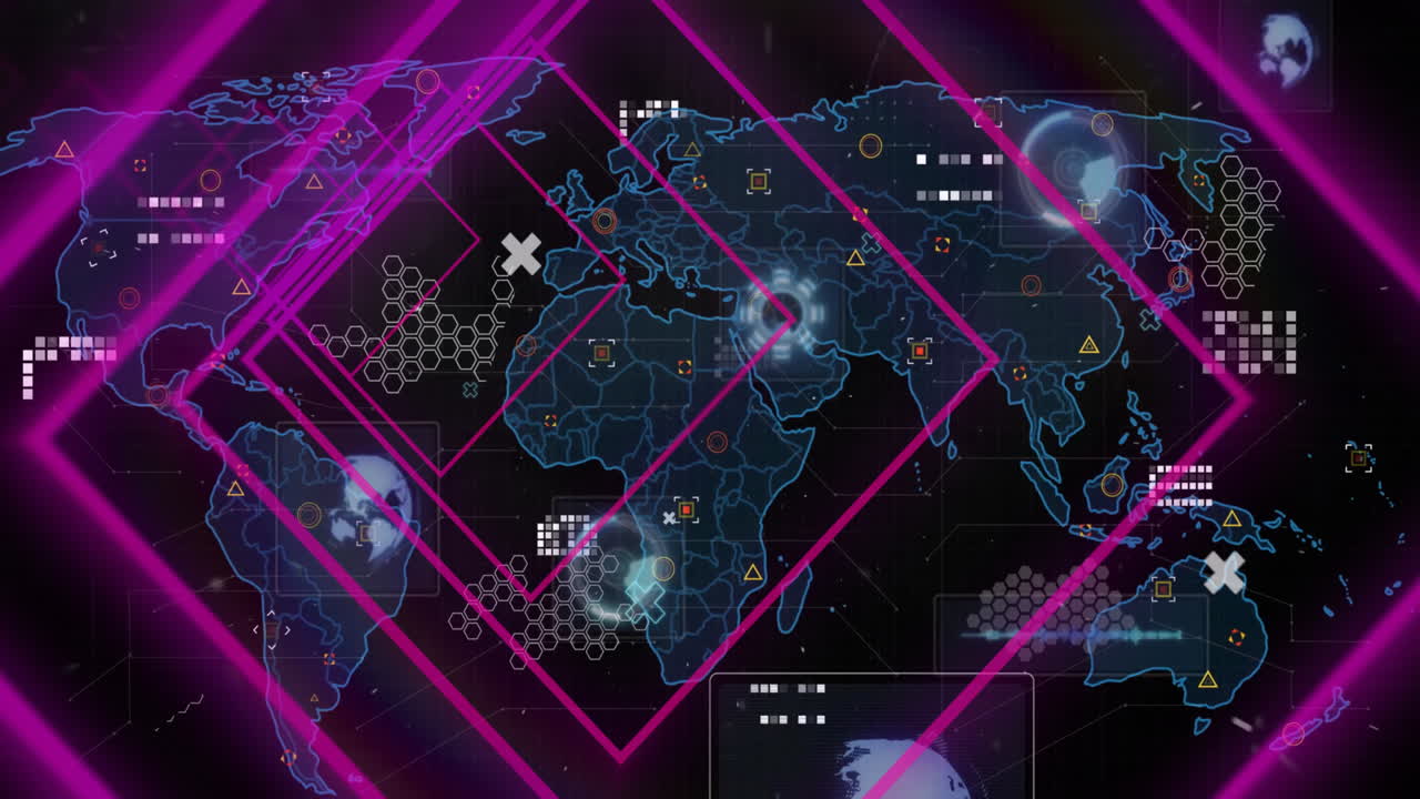 Animation of shapes over world map with data processing on black background