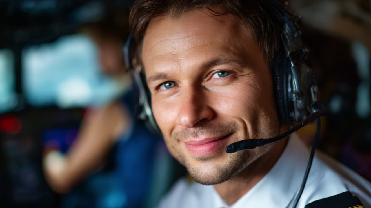 A confident pilot wearing a headset smiles warmly in the cockpit, showcasing professionalism and approachability amidst an engaging aviation environment
