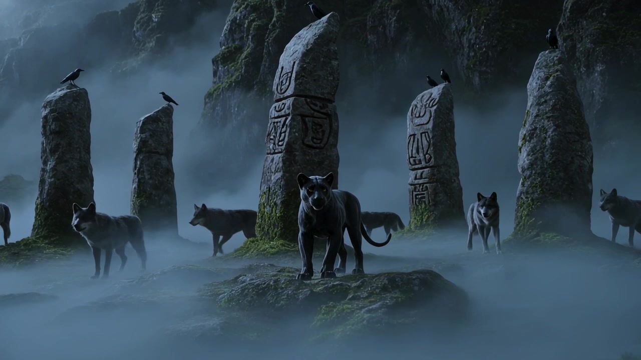 Moving panther facing camera as mist rising on plateau, with wolves flanking stones, perching crows