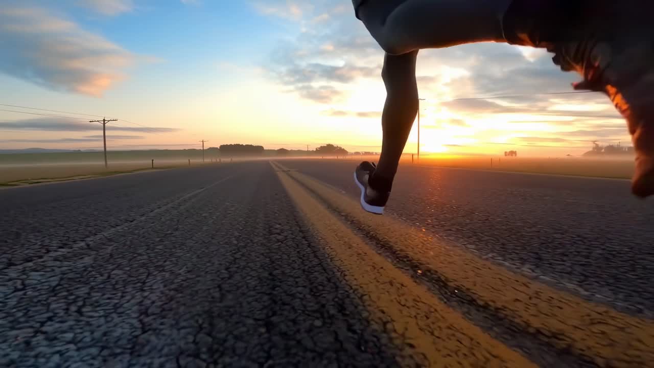 Video aus Untersicht eines Läufers auf einer Straße bei Sonnenaufgang, das dynamische Bewegung und lebendige Farben einfängt.