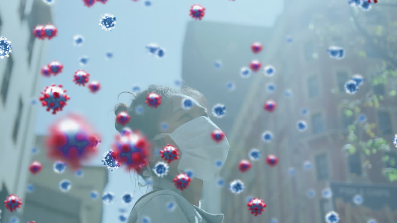 Animation of covid 19 virus cells over woman wearing face mask