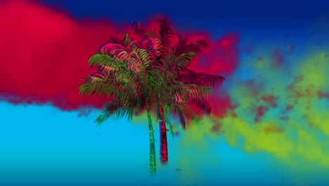 red and yellow smoke and a palm tree