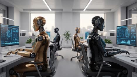 futuristic office environment featuring advanced robots engaged in data analysis, showcasing human-robot interaction in a modern workspace setting