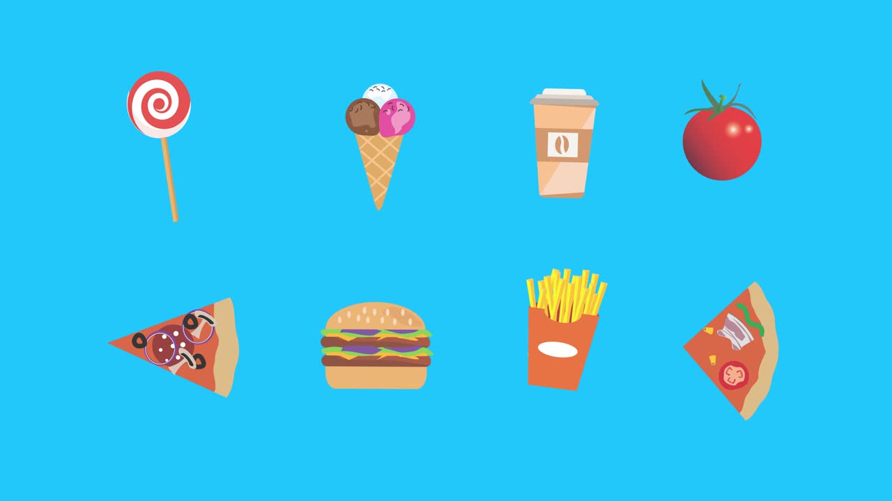 elementos de fast food animação em tela azul chave de croma, design plano, fonte gráfica