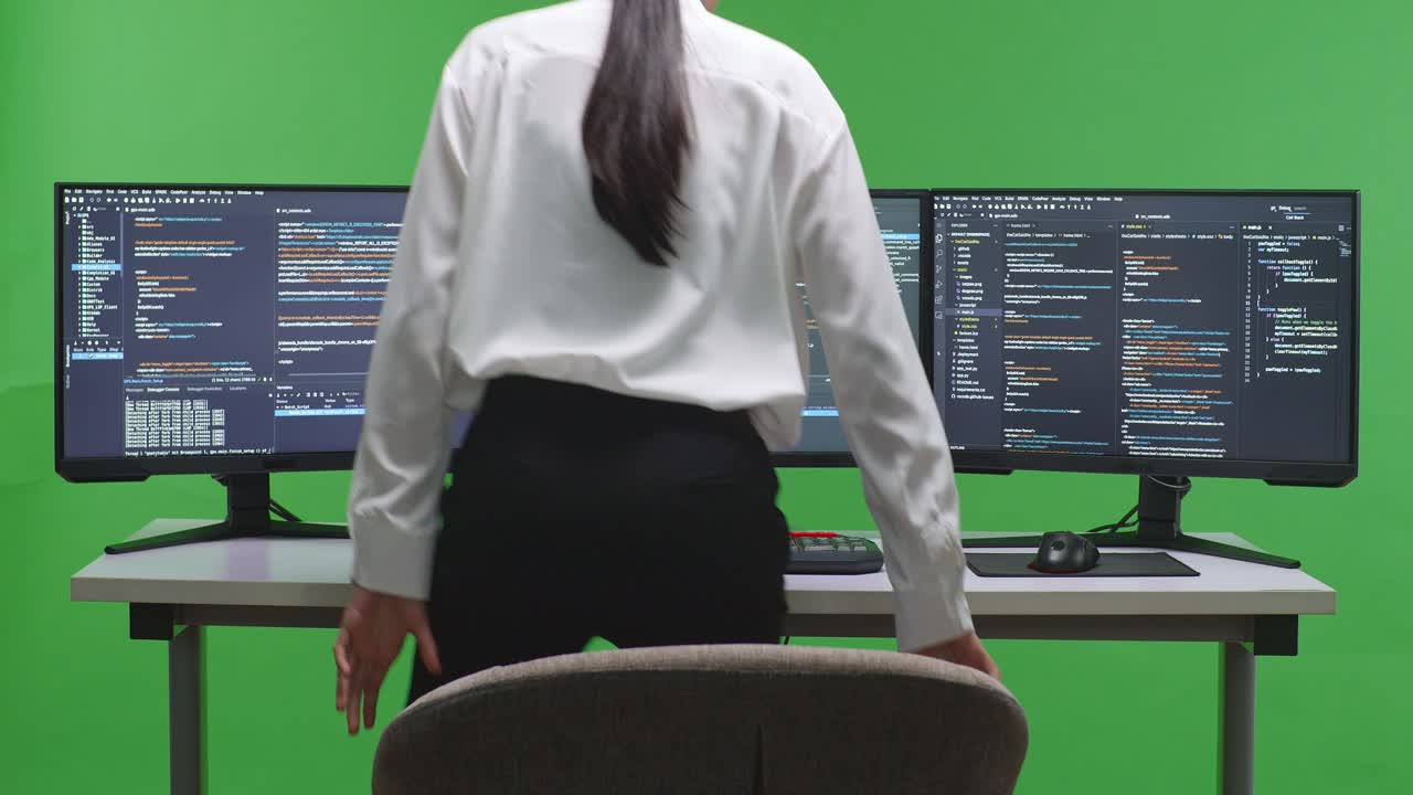 mujer programadora trabajando en un doble monitor