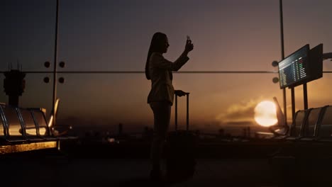 vista trasera completa del cuerpo de una mujer de negocios asiática con una maleta rodante en la sala de embarque en el aeropuerto, agitando la mano haciendo una llamada de video en el teléfono inteligente, el avión despega fuera de la ventana
