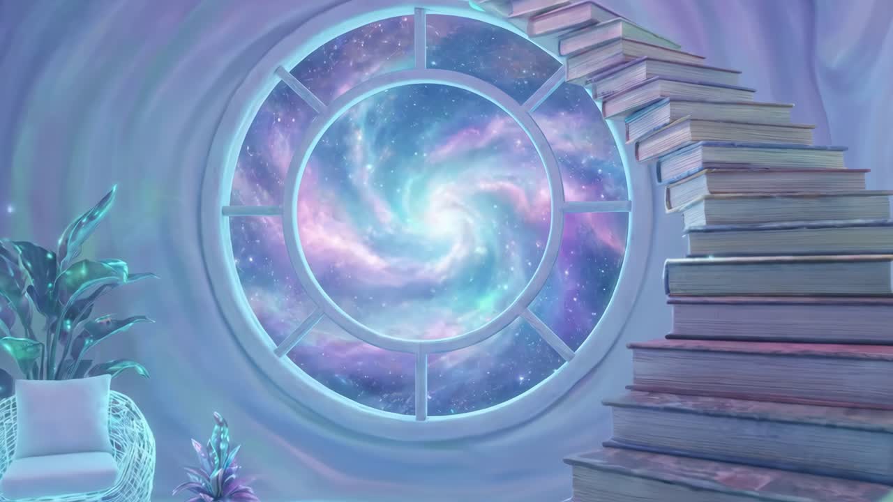 Stanza fantasy onirica con colori pastello luminosi e finestra sulla galassia