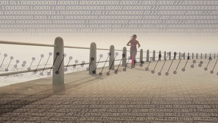 Woman starting and running toward camera on promenade, fitness binary node overlay tracing stride