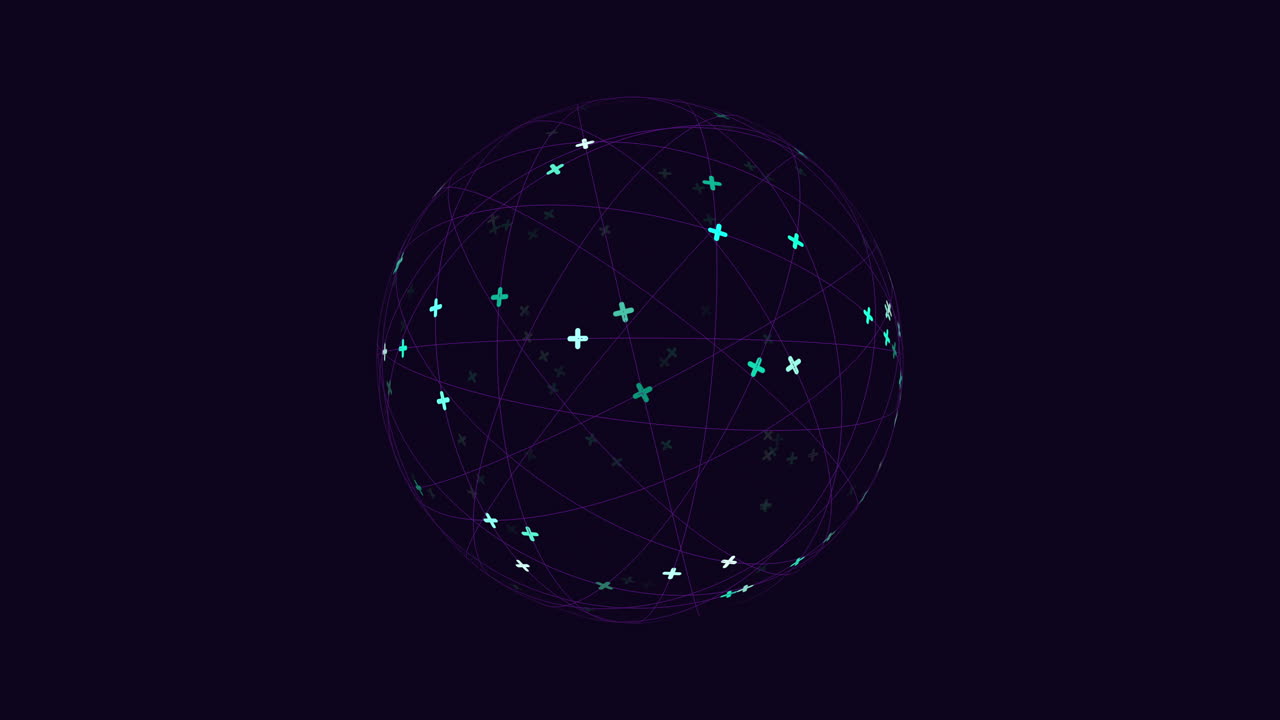 Purple and green network sphere of lines and dots