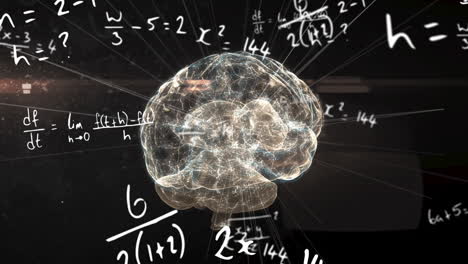 animation of digital brain and mathematical equations on black background