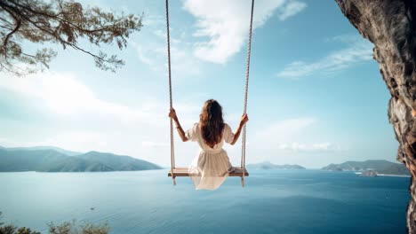 a woman on a swing overlooking the sea, captured from behind at a high angle video