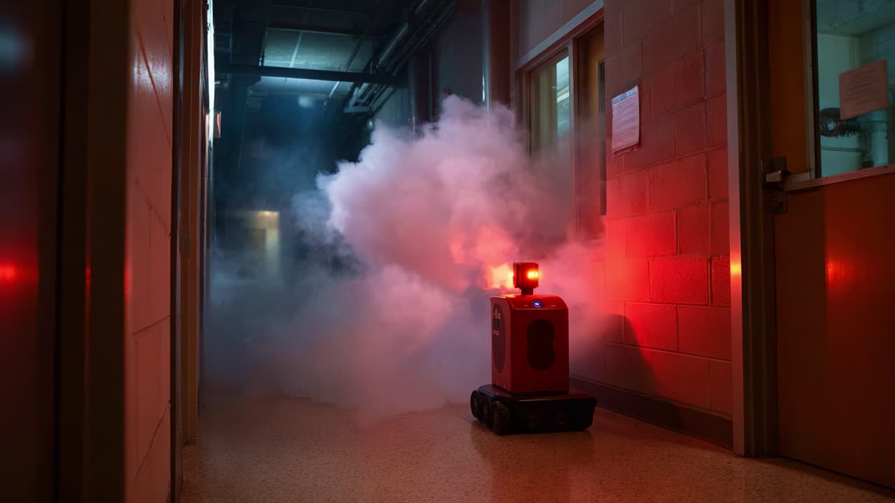 Un dispositivo robotico si muove in un corridoio pieno di fumo, illuminando lo spazio con luci rosse e creando un'atmosfera misteriosa in un ambiente futuristico