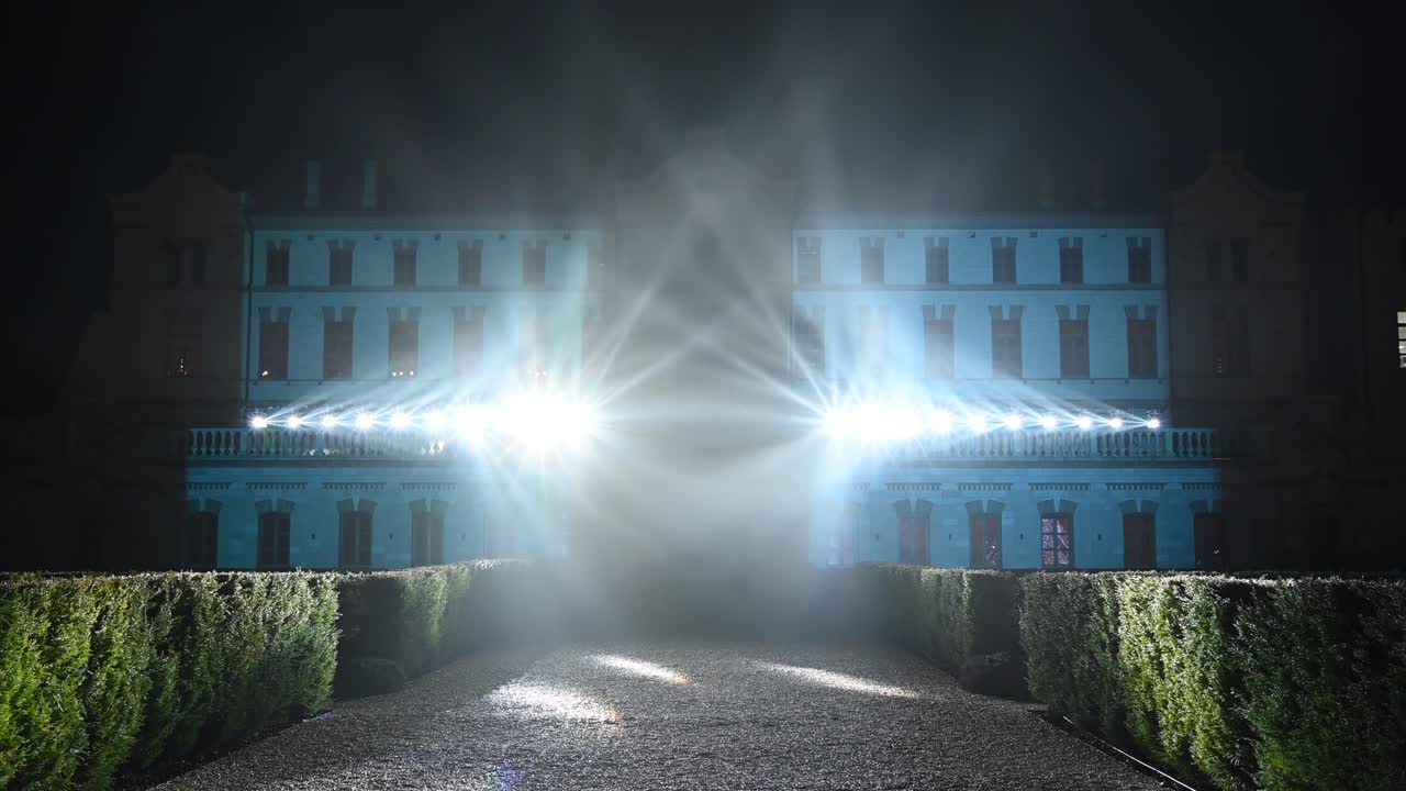 Flashing lights on the facade of the Mimi Castle Winery in Bulboaca, Moldova
