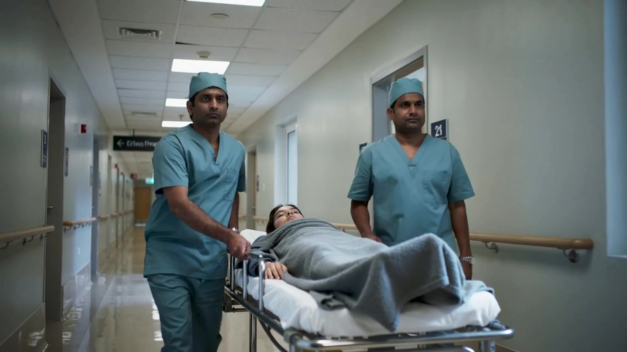 Team in camice che spinge e guida una barella oltre la stanza 21, con un'infermiera che incontra una donna sdraiata sotto una coperta grigia.