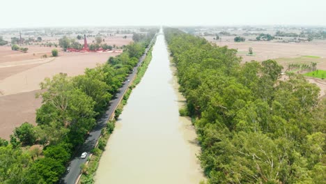 muddy river due to rain which runs through farming land