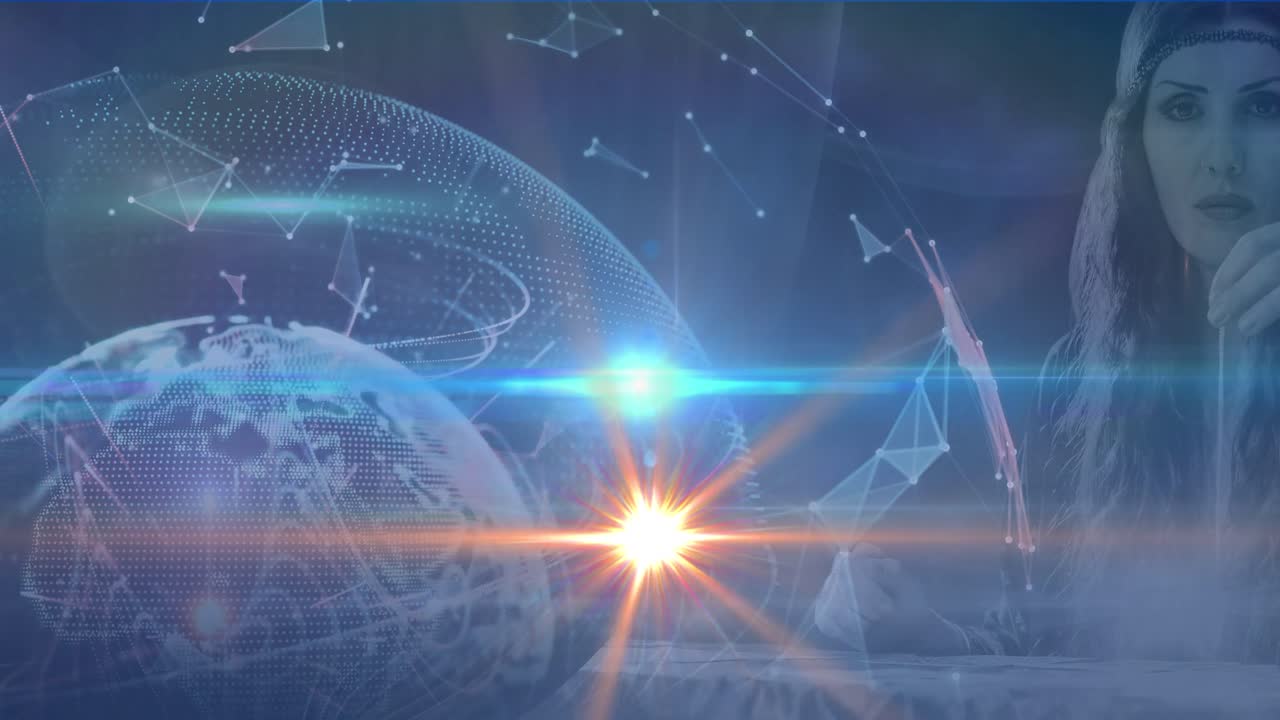 Animation of light spots and plexus networks over globe against caucasian woman