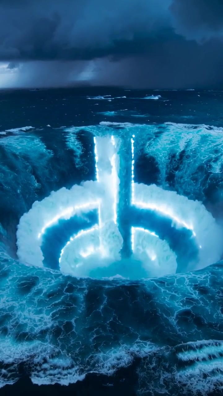 Vertical video: Forming from storm gusts, whirlpool pulling water inward in open sea, light column