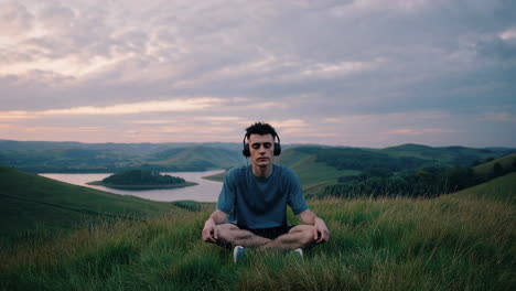 man meditating in nature at sunset