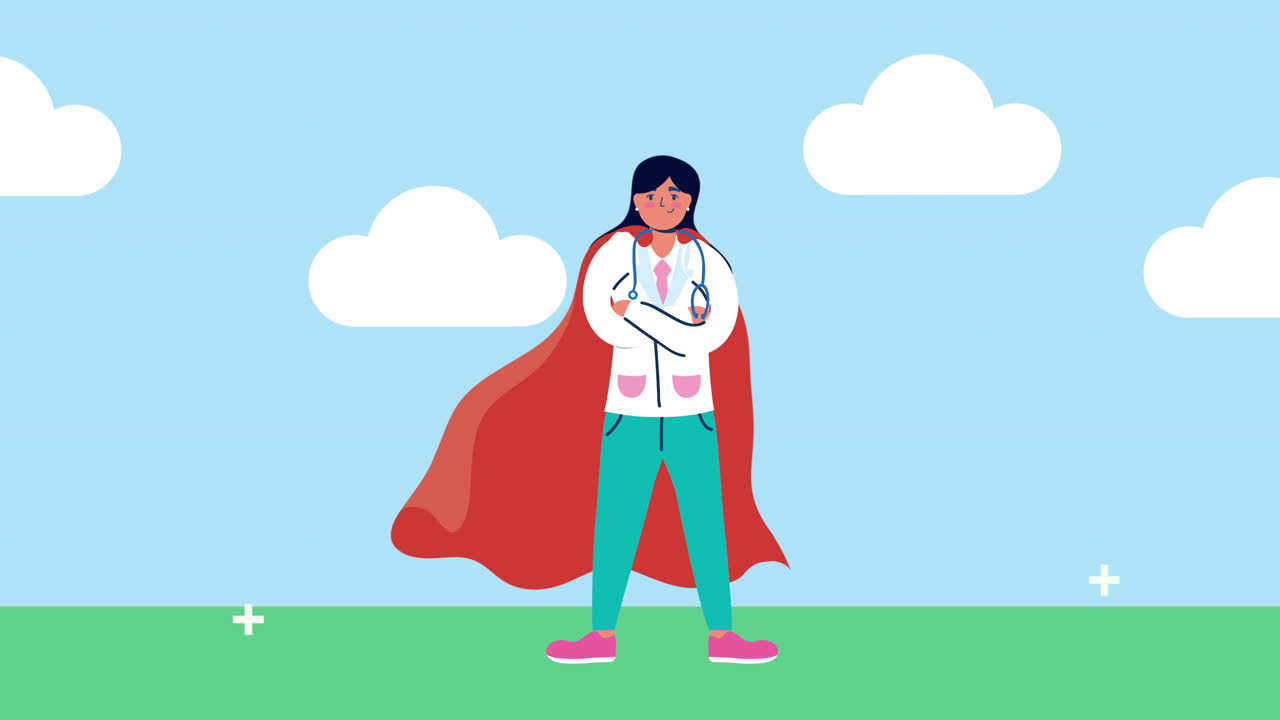 현장에서 영웅의 망토를 입은 슈퍼 여성 의사