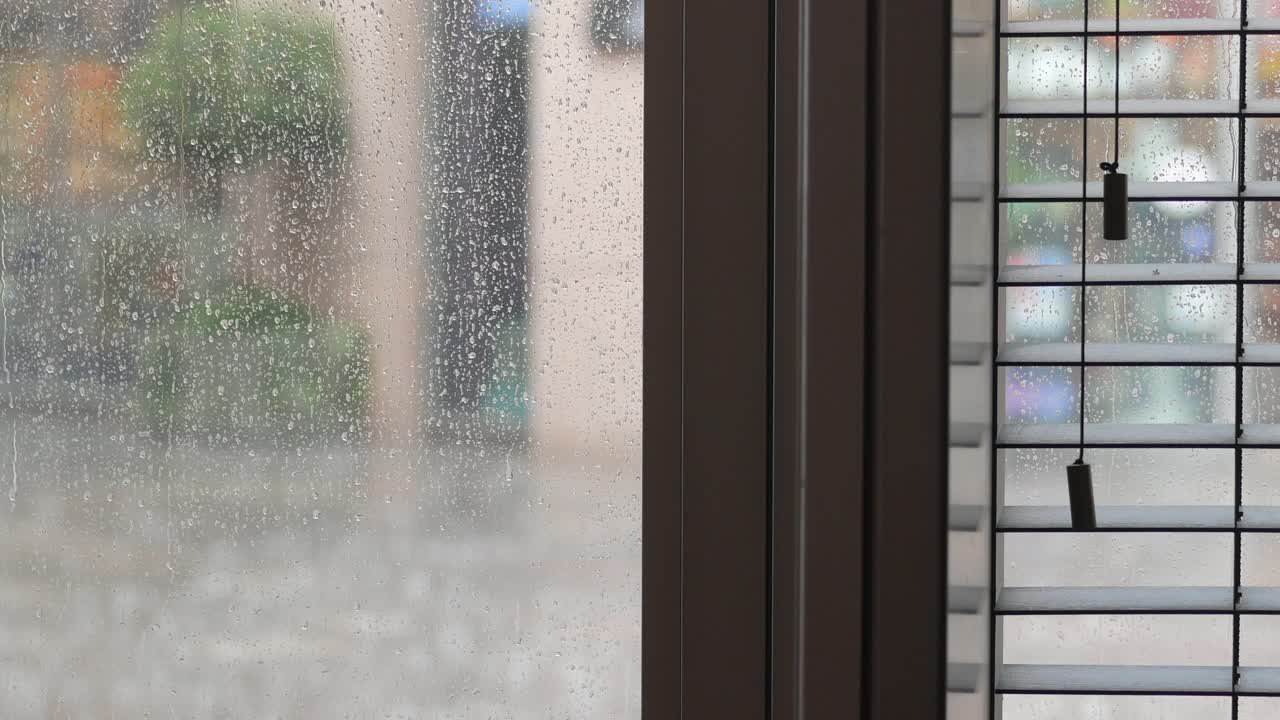 Rainy Day Window View with Blinds