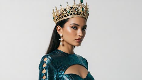 grace and elegance: a portrait of a model in stunning jewelry and a regal crown, exuding confidence and poise in a striking fashion statement