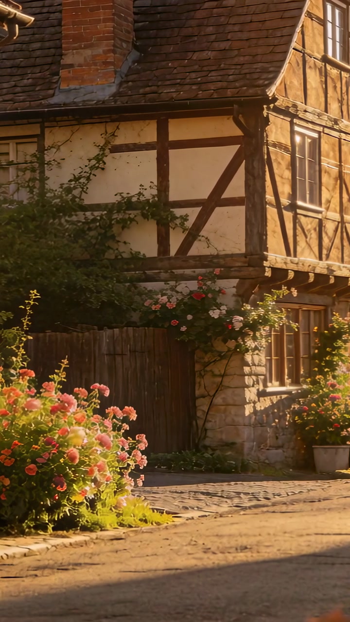 Camera panning, revealing timbered cottage with climbing roses and sunlit cobbles for tourism
