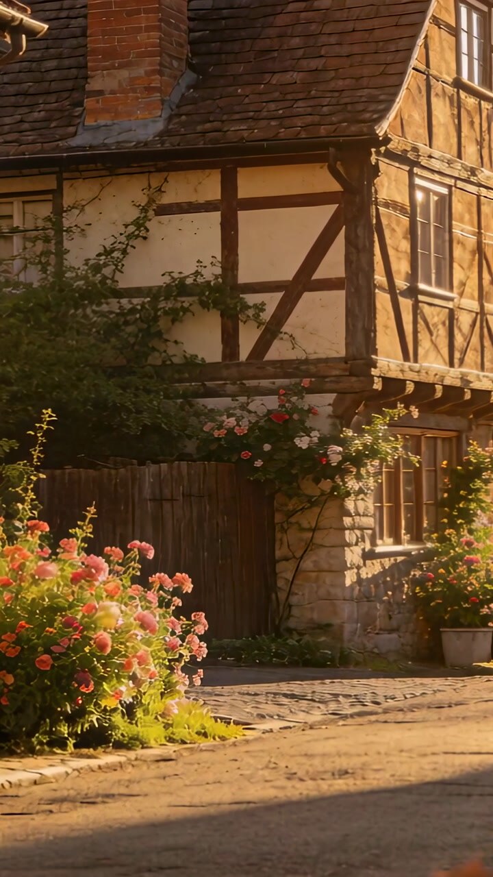 Camera panning, revealing timbered cottage with climbing roses and sunlit cobbles for tourism