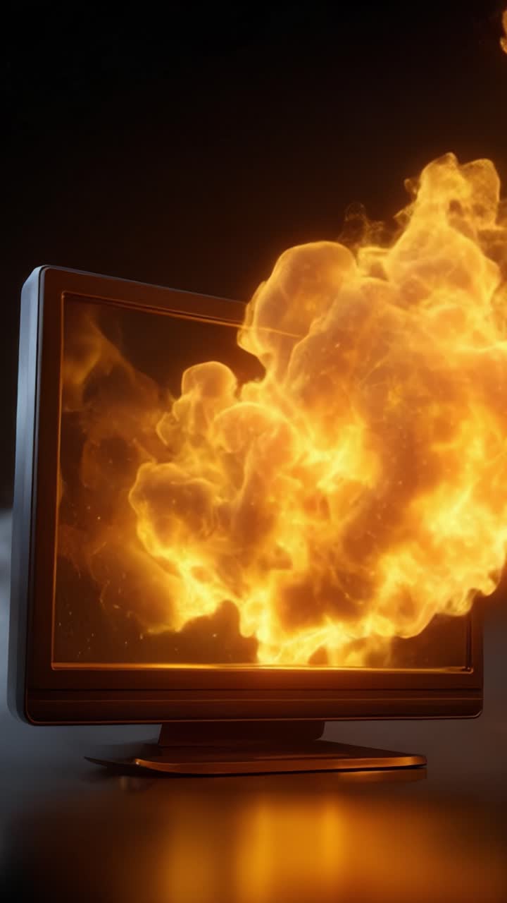 Intense flammer bryder ud fra en computerskærm, hvilket skaber en dynamisk visuel fremvisning af ild- og røgeffekter, der fanger essensen af digital ødelæggelse