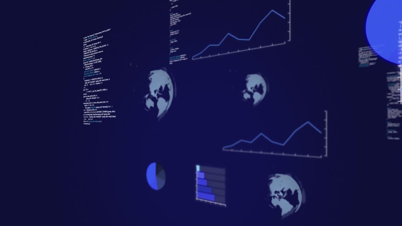 The digital interface with globe and data processing against black background represents the concept