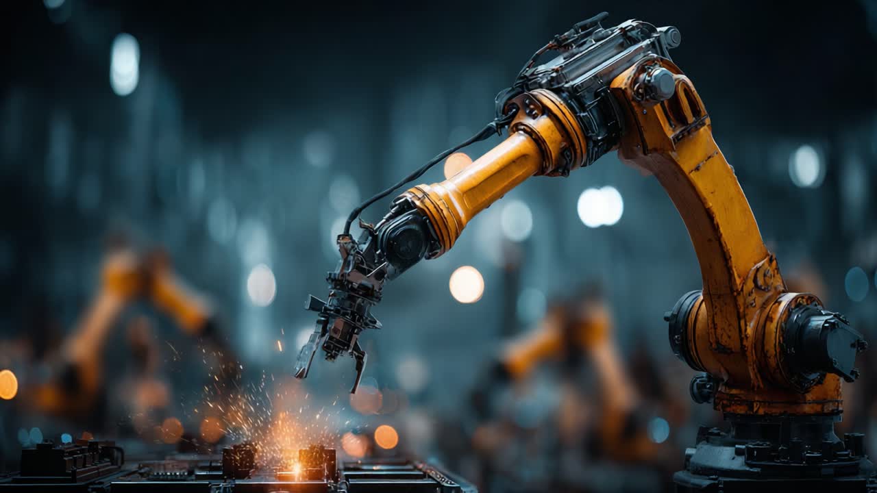 Advanced Industrial Robotics: Captivating Frames of a Robotic Arm Engaged in Precision Welding, Showcasing Sparks and Technological Innovation in Modern Manufacturing