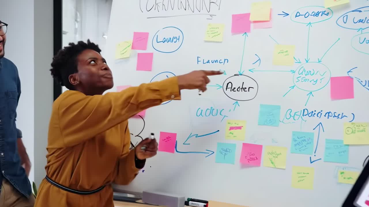 High-angle video of a diverse team brainstorming at a whiteboard in a modern office